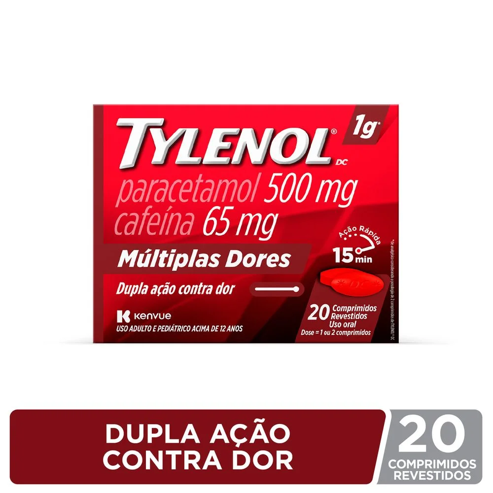 Tylenol Multiplas Dores Paracetamol 1g + Cafeína 130mg 20 Comprimidos