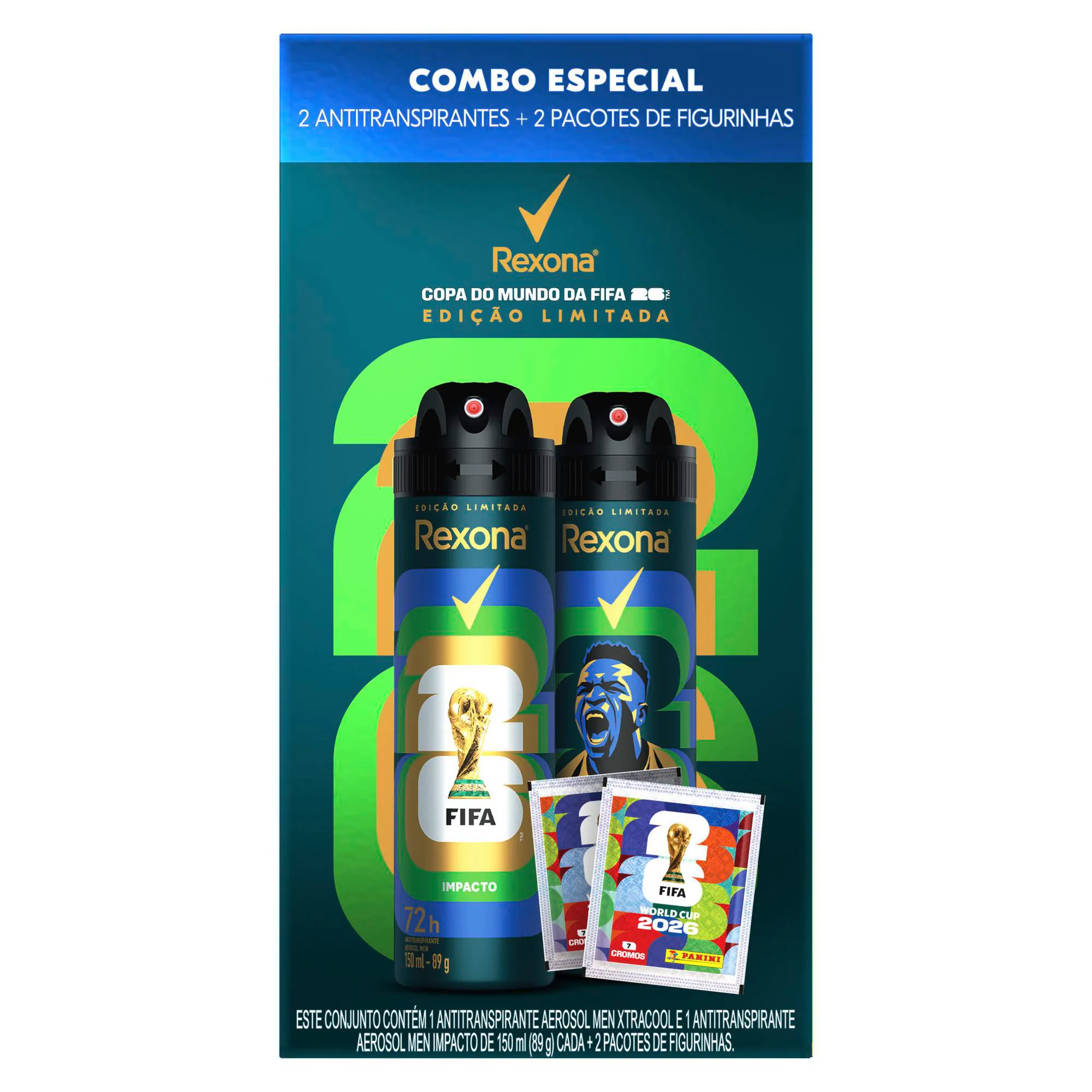 Kit Desodorante Antitranspirante Aerossol Rexona Xtracool + Desodorante Impacto Masculino 72h 150ml 2 unidades + Pacote de Figurinhas Edição Limitada FIFA 2 unidades