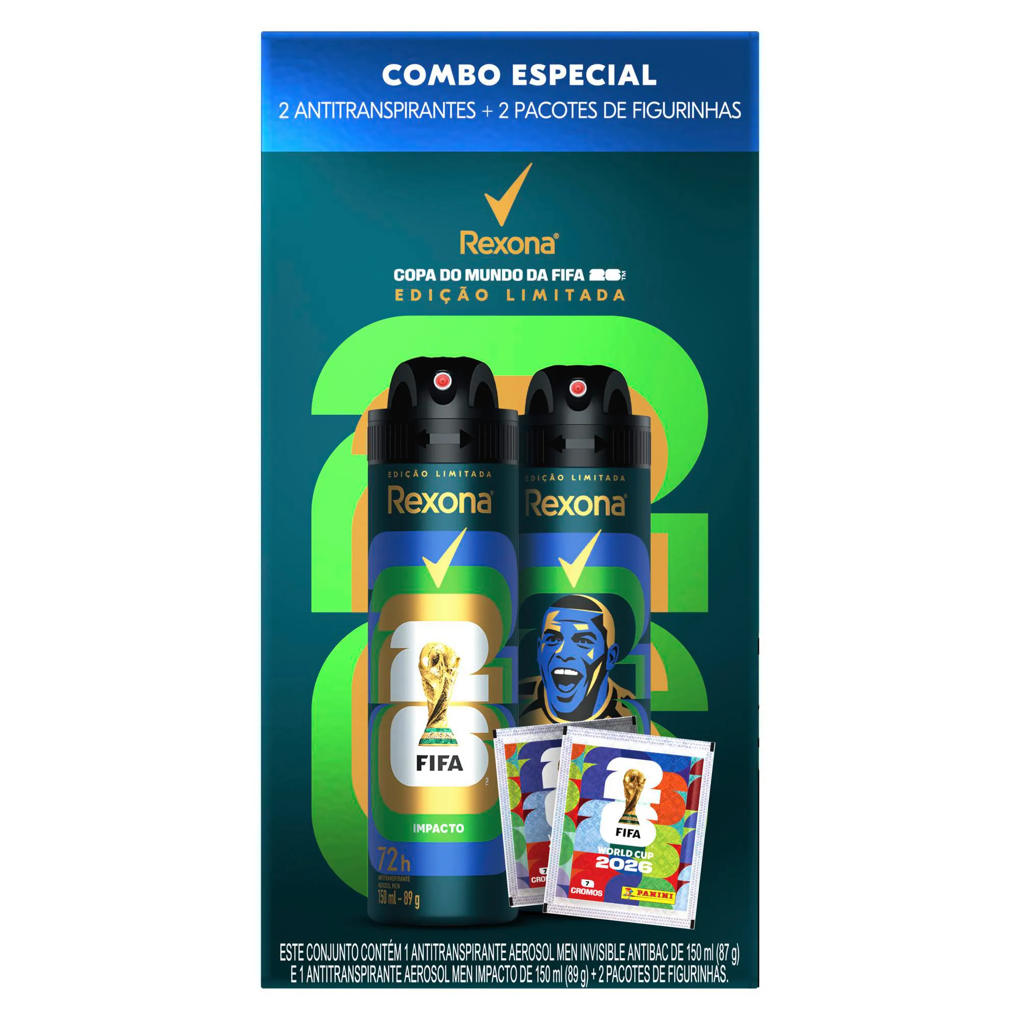 Kit Desodorante Antitranspirante Rexona Aerossol Impacto + Desodorante Invisible Antibac 72h Masculino 150ml + Pacote de Figurinhas Edição Limitada FIFA 2 unidades
