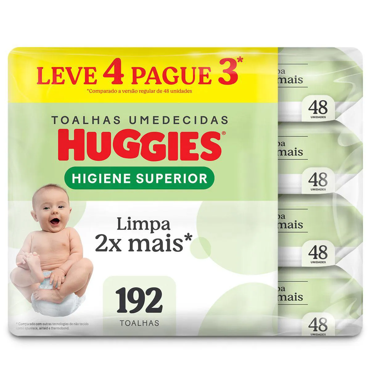 Kit Lenço Umedecido Huggies Higiene Superior Hipoalergênico Sem Álcool 48 unidades 4 pacotes